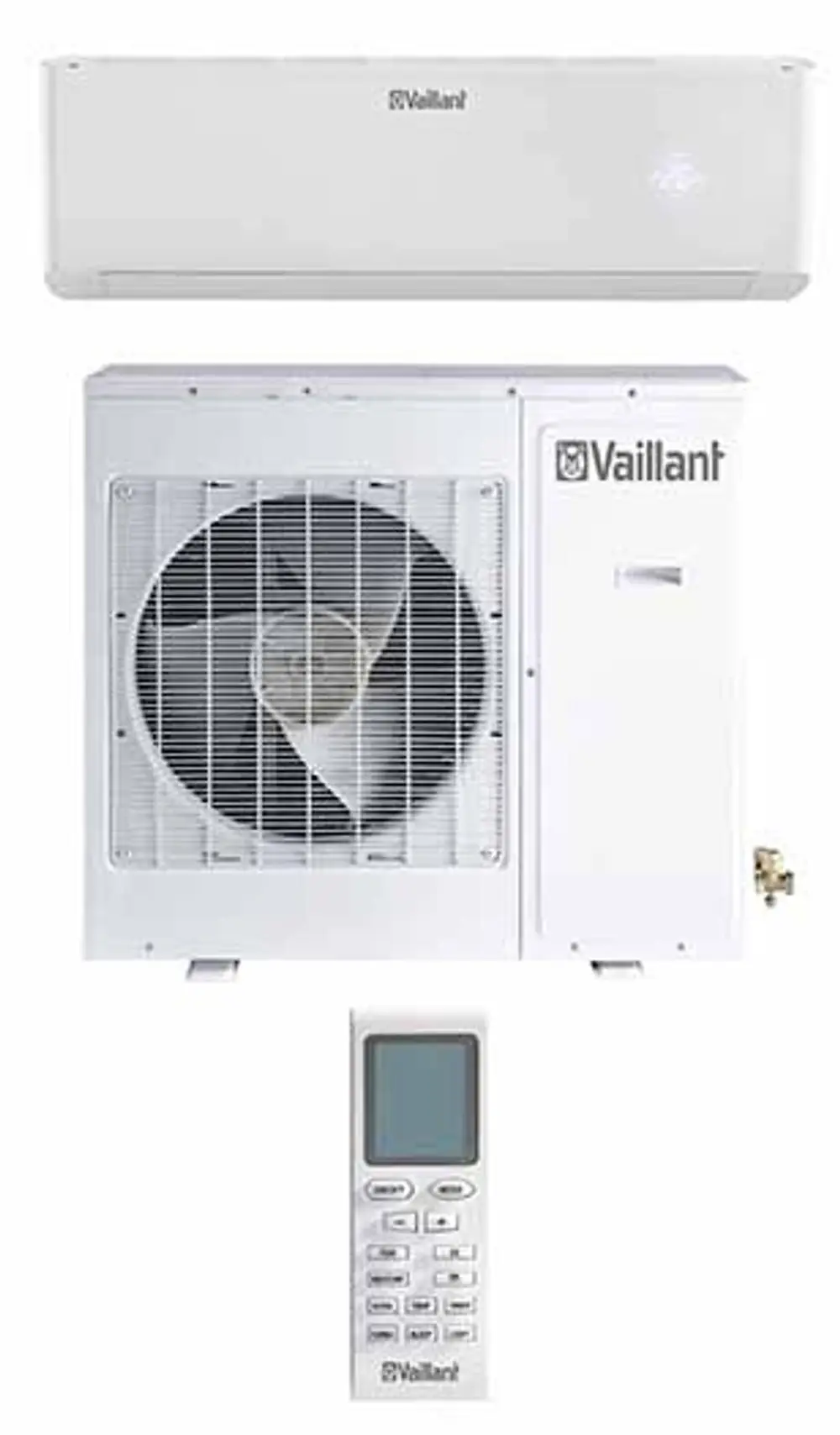Wand- und Außengerät einer Klimaanlage der Marke Vaillant, zusammen mit der dazugehörigen Fernbedienung zur Steuerung des Systems.